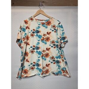 D&Co Women's Floral Knit Top XL Short Sleeve Cream Blue Orange Stretch